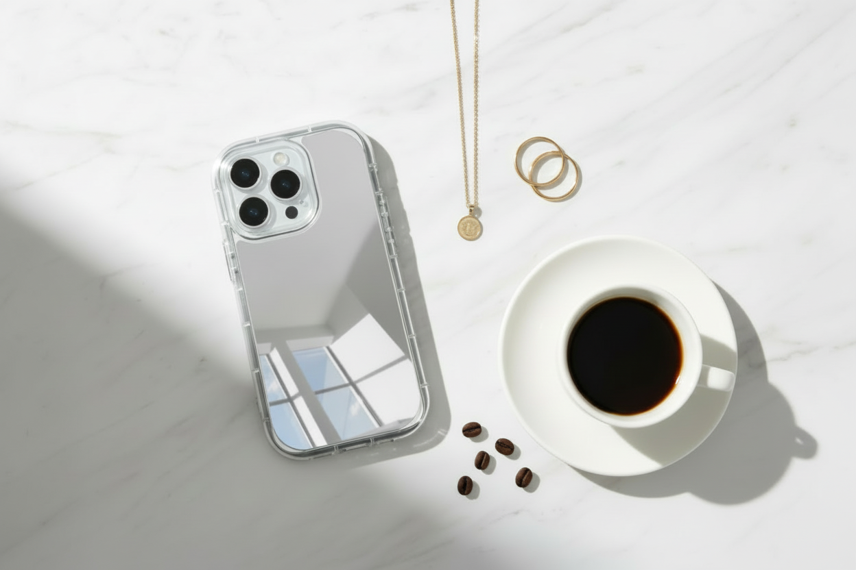 Minimalist flat lay with mirror case